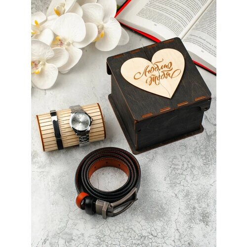 Наручные часы Подарочный набор "Кожаный ремень, наручные часы и браслет", коричневый
