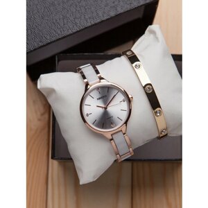 Наручные часы женские с браслетом, подарочный комплект, белый