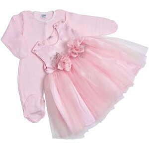 Нарядный комплект для девочки: комбинезон с платьем, розовый, Магнолия 22 (68-74) 3-6 мес.