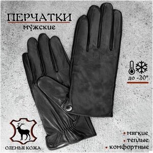 Перчатки кожаные мужские зимние сенсорные с кнопкой / демисезонные / натуральная подкладка / размер 11
