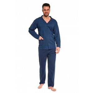Пижама Cornette, рубашка, брюки, застежка пуговицы, трикотажная, карманы, пояс на резинке, размер L, синий