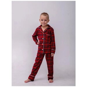 Пижама детская из хлопка и вискозы для мальчика домашний костюм повседневный в подарок с брюками и рубашкой "Красная клетка" размер 128