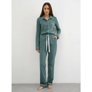 Пижама Ihomewear, рубашка, брюки, на завязках, длинный рукав, карманы, трикотажная, пояс на резинке, размер L (158-164), зеленый