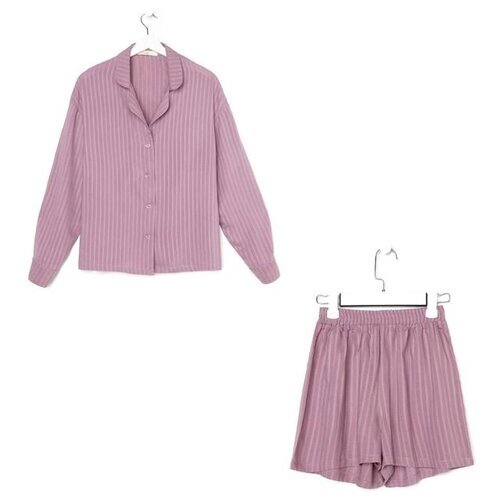 Пижама Kaftan, рубашка, шорты, застежка пуговицы, длинный рукав, размер 48-50, фиолетовый