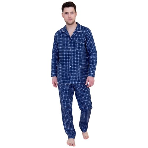 Пижама Lika Dress, рубашка, брюки, застежка пуговицы, карманы, утепленная, пояс на резинке, размер 58, синий