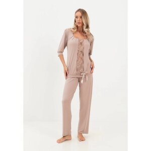 Пижама Luisa Moretti, брюки, блуза, укороченный рукав, размер 44/46, бежевый