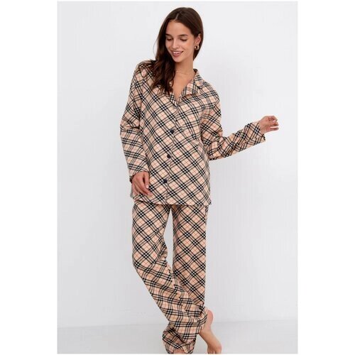 Пижама Modellini, жакет, брюки, застежка пуговицы, длинный рукав, пояс на резинке, стрейч, размер 52, мультиколор