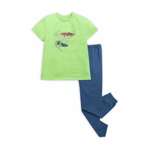 Пижама Pelican, футболка, брюки, без капюшона, на резинке, брюки с манжетами, без карманов, размер 8/128, зеленый, синий
