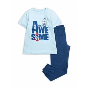 Пижама Pelican, футболка, брюки, без капюшона, на резинке, брюки с манжетами, без карманов, размер 9/134, синий, голубой