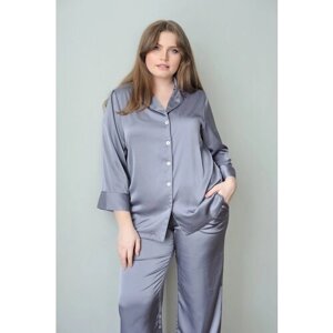 Пижама Pijama Story, брюки, рубашка, укороченный рукав, пояс, карманы, пояс на резинке, размер 56, серый