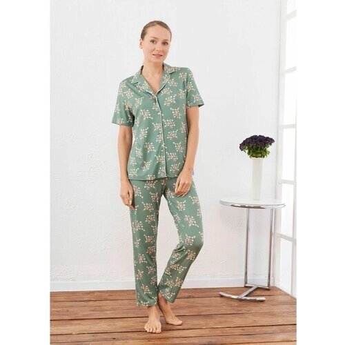 Пижама Relax Mode, рубашка, брюки, без рукава, размер 46, бежевый, зеленый
