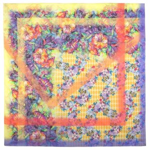 Платок Павловопосадская платочная мануфактура,115х115 см, мультиколор, фиолетовый