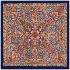 Платок Павловопосадская платочная мануфактура,125х125 см, оранжевый, синий