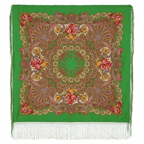 Платок Павловопосадская платочная мануфактура,148х148 см, горчичный, зеленый