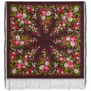 Платок Павловопосадская платочная мануфактура,148х148 см, коричневый, розовый