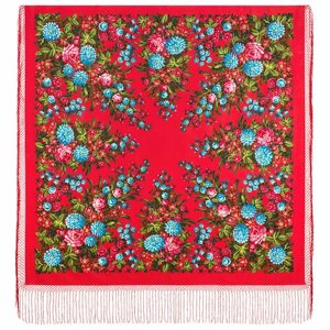 Платок Павловопосадская платочная мануфактура,148х148 см, зеленый, красный