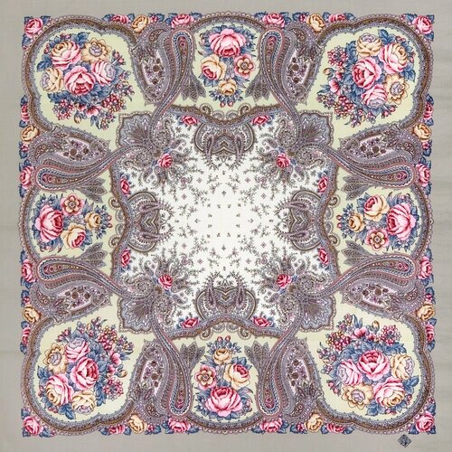 Платок Павловопосадская платочная мануфактура,89х89 см, серый, розовый