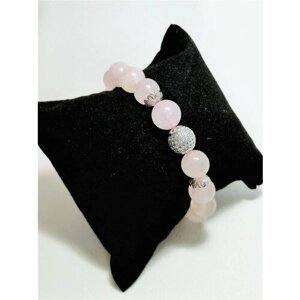 Плетеный браслет, фианит, кварц, 1 шт., размер 18 см, розовый, серебряный