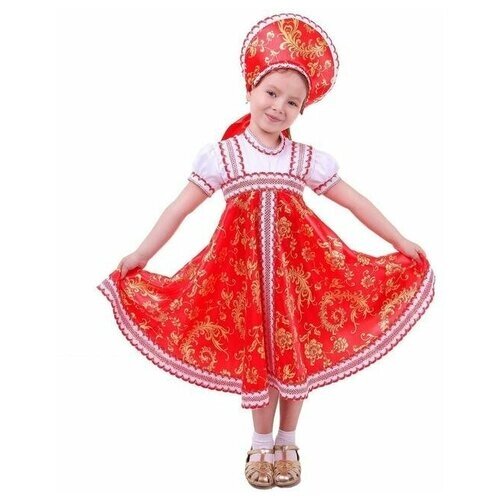 Русский народный костюм с кокошником, красно-бежевые узоры + бомбоны на шнурке, р. 32, рост 122 см