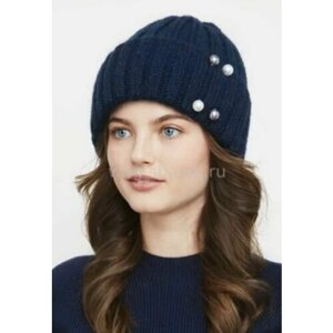 Шапка бини шапка женская вязанная, размер 56-58, синий