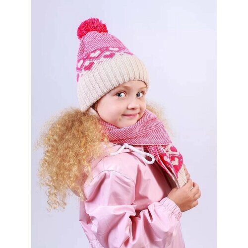 Шапка FOMAS для девочек зимняя, шерсть, размер 48-50, белый, розовый