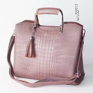 Сумка шоппер Finsa классическая, натуральная кожа, фактура под рептилию, внутренний карман, регулируемый ремень, розовый