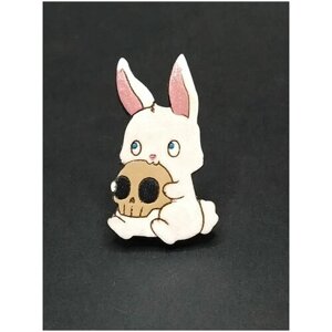 Заяц с черепом, белый кролик, значок деревянный, брошь на одежду, значок на рюкзак