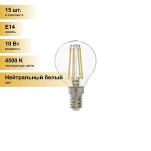 (15 шт.) Светодиодная лампочка General Шар P45 E14 10W 4500K 4K 35x98 филамент (нитевидная) прозр GLDEN-G45S-10-230-E14-4500 649913