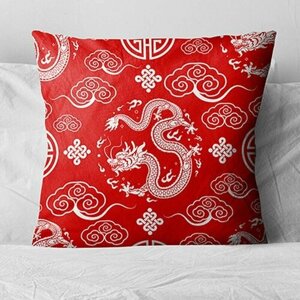 Белый Дракон на красном фоне Твил / 40х40 / подарок / подушка диванная / подушка для интерьера