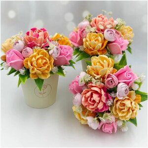 Букет цветов из мыла "Адель весна" тюльпаны и розы 1шт / подарок женщине, девушке / подарок на 8 марта