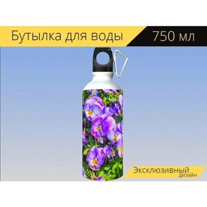 Бутылка фляга для воды "Анютины глазки, фиолетовый, природа" 750 мл. с карабином и принтом