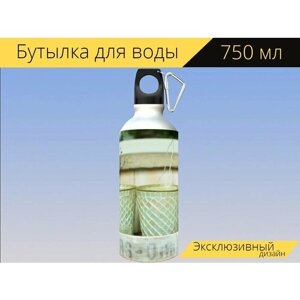 Бутылка фляга для воды "Цветочные горшки, деревенский стиль, украшение" 750 мл. с карабином и принтом