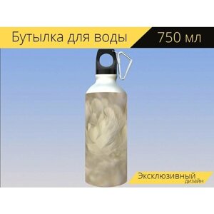 Бутылка фляга для воды "Гнездо пружины, белые перья, пушистый" 750 мл. с карабином и принтом
