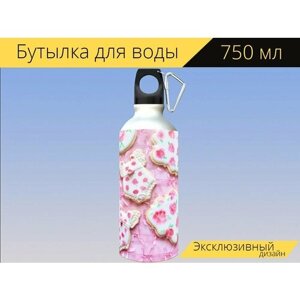 Бутылка фляга для воды "Королевское печенье с глазурью, цветы, розы" 750 мл. с карабином и принтом