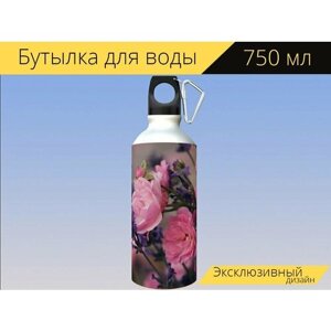 Бутылка фляга для воды "Лаванда, розы, фиолетовый" 750 мл. с карабином и принтом