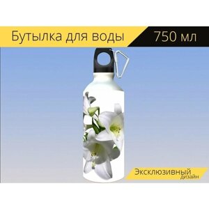Бутылка фляга для воды "Лилии, белый, цветы" 750 мл. с карабином и принтом