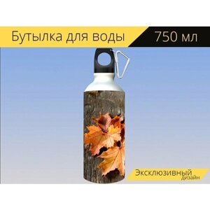 Бутылка фляга для воды "Листья, клен, осень" 750 мл. с карабином и принтом