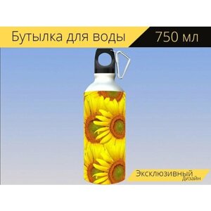 Бутылка фляга для воды "Подсолнухи, подсолнечник, цветок" 750 мл. с карабином и принтом