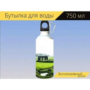 Бутылка фляга для воды "Проселочная дорога, дом, рис" 750 мл. с карабином и принтом