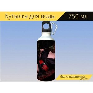 Бутылка фляга для воды "Роза, девушка, женщина" 750 мл. с карабином и принтом