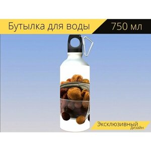 Бутылка фляга для воды "Смесь орехов, стекло, изолированные" 750 мл. с карабином и принтом