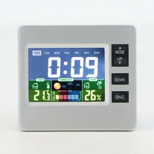 Часы электронные настольные с метеостанцией, с календарём и будильником 7.7 х 8.6 см. серебро