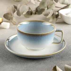 Чайная пара фарфоровая Magistro «Пэвэти», 2 предмета: чашка 220 мл, блюдце d=16,5 см, цвет голубой (комплект из 3 шт)
