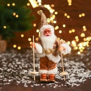 Дед Мороз "В блестящем костюмчике, на лыжах" 16 см, золотисто-белый (комплект из 3 шт)