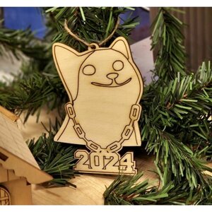 Деревянная ёлочная новогодняя игрушка прикол 2024 год, Мемный котик