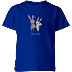 Детская футболка «Зайцы и любовь. Подарок на свадьбу. Жених. Невеста»116, синий)