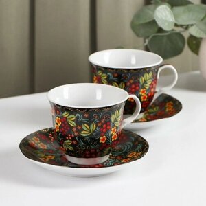 Доляна Набор керамический чайный Доляна «Русский узор», 4 предмета: 2 чашки 210 мл, 2 блюдца, цвет разноцветный