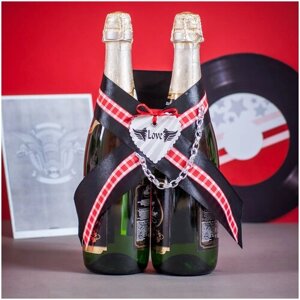 Двойная лента - бант для бутылок шампанского на свадьбу и мальчишник "Рок" из черного атласа с тесьмой в красную клетку