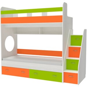Двухъярусная кровать Юниор 1 90x200 Белое Дерево Лайм/Оранжевый