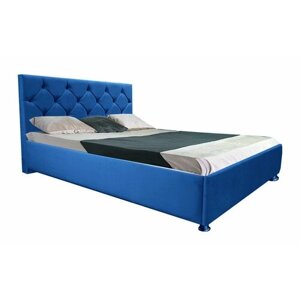 Двуспальная кровать Сирия 140x200 с подъемным механизмом и с коробом для белья велюр синий ножки 13 см хром